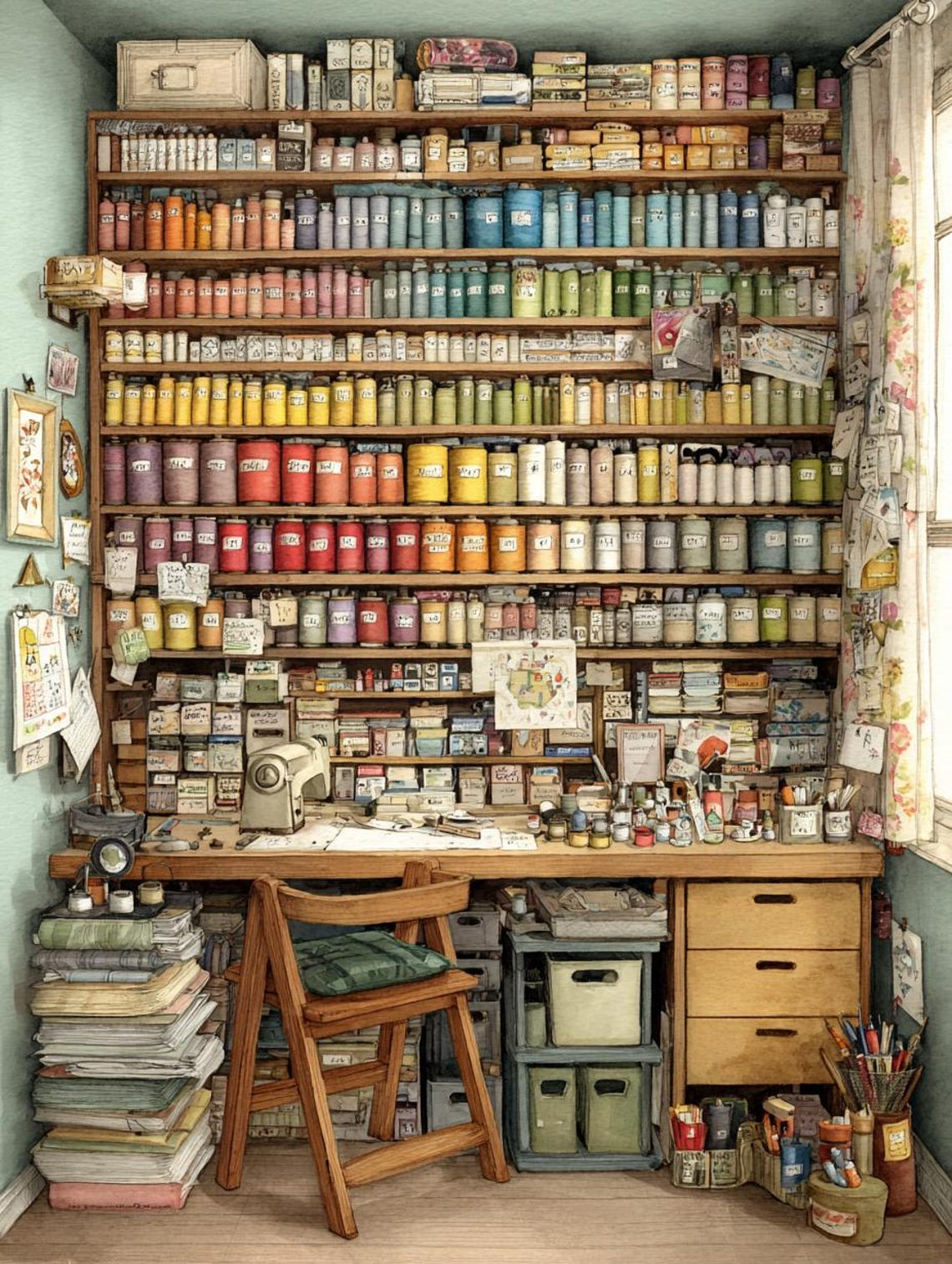Craft Room, Sewing Stash, Fabric Rolls, Yarn Storage, Colorful Spools ...