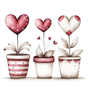 Può includere: Illustrazione di tre vasi di fiori con fiori a forma di cuore. I fiori sono rossi e bianchi, con pois e motivi. I vasi sono decorati con strisce, pois e cuori. Un'immagine affascinante per San Valentino o un tema romantico.