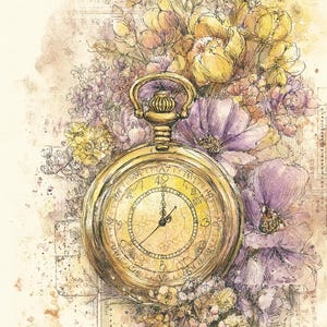 Può includere: Un'illustrazione in stile vintage presenta un orologio da taschino dorato circondato da fiori gialli e viola. Il quadrante dell'orologio mostra numeri romani e motivi delicati. L'opera d'arte ha un effetto acquerello con uno sfondo morbido e invecchiato.