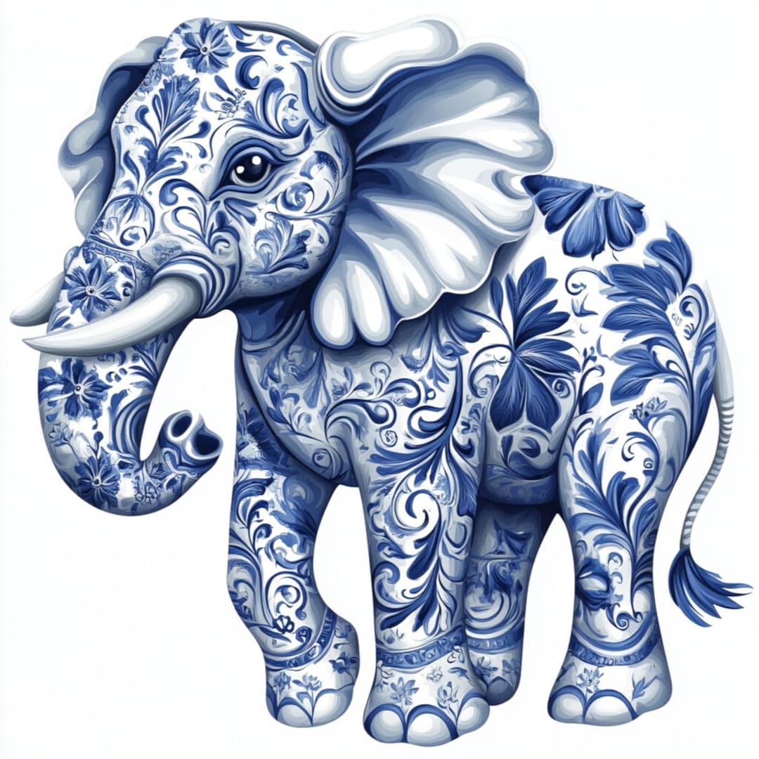 Blue Porcelain Art, Delft Elephant, Floral Ceramic, Indigo Animal