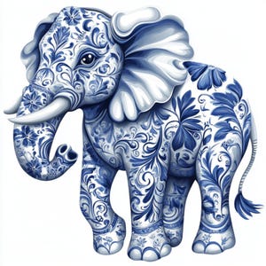 Puede incluir: Ilustración detallada de un elefante con un patrón floral azul y blanco. El elefante tiene orejas grandes, colmillos y una trompa. El diseño recuerda a la porcelana, con intrincados remolinos y motivos florales.