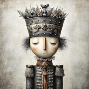 May include: A detailed illustration of a figure wearing a decorative crown and military-style jacket. The crown is grey with ornate details and feathers. The figure has a pale face, closed eyes, and a wooden nose. The jacket is dark with gold accents and epaulettes.