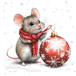 Rato de Natal, Arte de Natal, Cachecol Vermelho, Rato Fofo, Cena de Neve, Animal de Estimação Festivo, Arte com Enfeites, Natal Aconchegante, Diversão de Inverno, imagens jpg