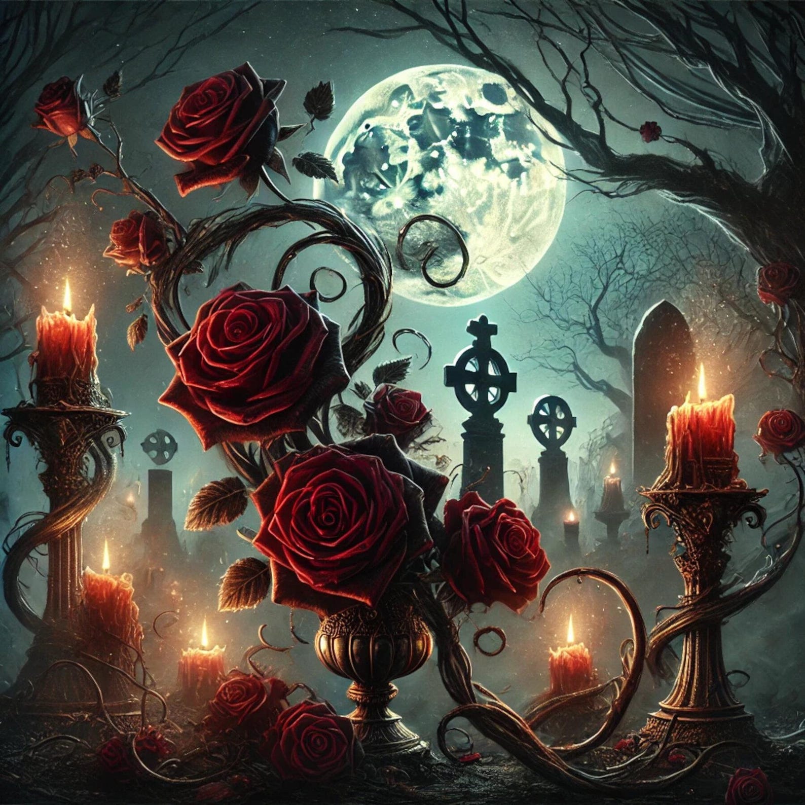 Dark Gothic Roses, Gothic Roses, Moonlit Graveyard, Eerie Candles ...