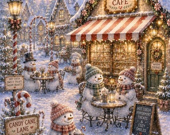 Peut inclure: Une scène d'hiver enneigée avec un café nommé Candy Cane Café doté d'un auvent rayé rouge et blanc. Plusieurs bonhommes de neige sont réunis autour de petites tables, certains portant des chapeaux et des écharpes. Des panneaux indiquent Candy Cane Lane.