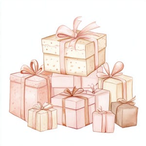 Pila de regalos, cajas rosas, arte de paquete bonito, regalos de acuarela, papel de regalo original, regalos rosados, paquete de cumpleaños, arte de regalo suave, envoltorio bonito