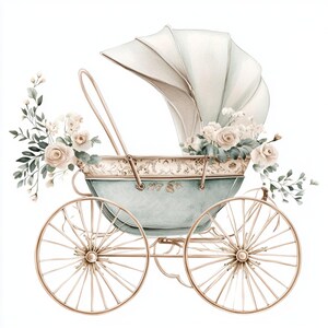 May include: A watercolour illustration of a vintage baby carriage in soft blue and cream tones. The carriage is decorated with white roses and greenery. The carriage has large spoked wheels.