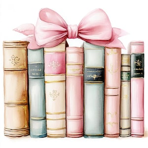 Book Love, roze boekenstapel, pastel boekclipart, girly boekdecor, boekenliefhebberkunst, romantische boekenplank, vrouwelijke bibliotheek, JPG-afbeeldingen