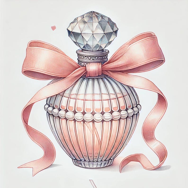 May include: A pink and silver perfume bottle with a large, faceted crystal stopper and a pink bow. The bottle is decorated with a row of small, white beads.