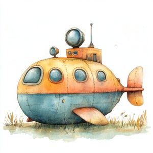 Arte de Submarino, Submarino Fofo, Arte de Submarino de Brinquedo, Submarino Amarelo, PNG Náutico, Veículo Oceânico, Clipart de Submarino Marinho, Submarino em Aquarela, Submarino Infantil. JPGs