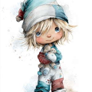 Könnte beinhalten: Aquarellillustration eines Kindes im Pyjama und einer Schlafmütze, das einen Teddybären hält. Das Kind hat blondes Haar und blaue Augen. Der Pyjama ist weiß mit roten und blauen Akzenten. Die Schlafmütze ist blau und weiß mit einem roten Bommel.