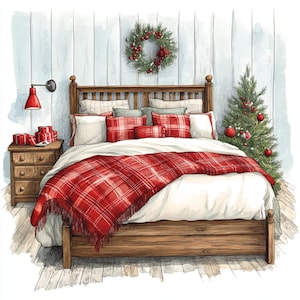 Christmas bedroom decor, Rustic holiday bedroom, Festive winter bedding, Cozy Christmas home, Red plaid holiday room, JPG Images
