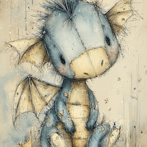 May include: A watercolor illustration of a stuffed dragon in shades of blue and tan. The dragon has large eyes, stitched seams, and detailed wings. The artwork has a whimsical, storybook feel, with a textured background.