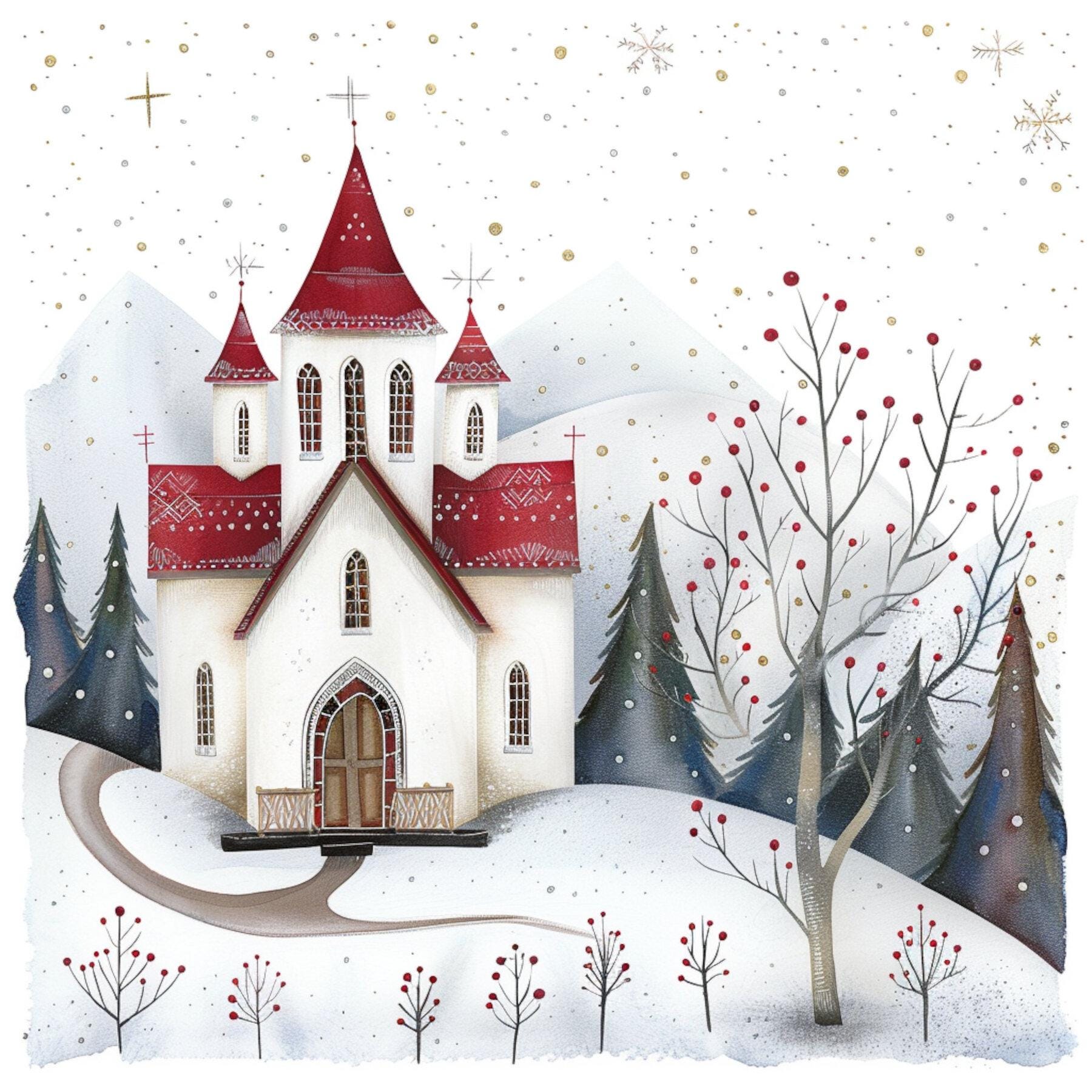 クリスマス教会、雪の教会、冬の教会アート、ホリデー教会、お祭り教会