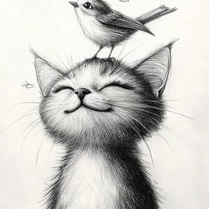Dibujo de gato lindo, arte de pájaro sobre gato, dibujo a lápiz de un animal, arte caprichoso de gato, gatito blanco y negro, arte adorable de gato, amor entre gatos y pájaros, JPG