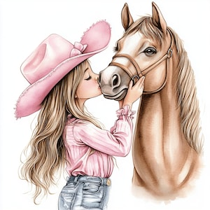 Pony Kisses CLIPART, Cowgirl And Horse Illustration, Soft Western Girl Art, Pink Hat And Pony Love, Storybook Style Set
