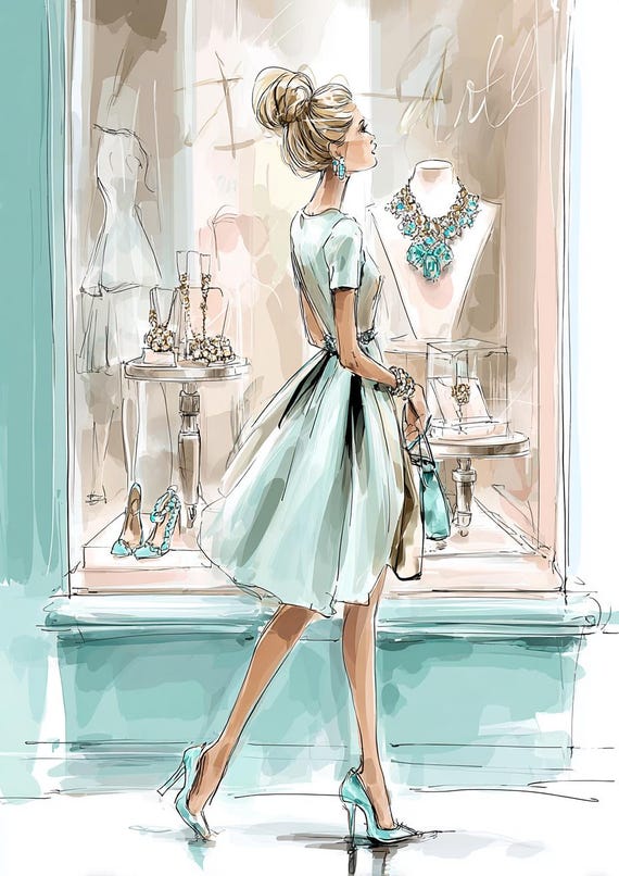 Elegant Fashion Illustration of Woman Shopping for Jewelry in Tiffany Blue  Dress, Chic Parisian Wall Art, Fashionista Decor, Luxury Boutique - Etsy  Israel