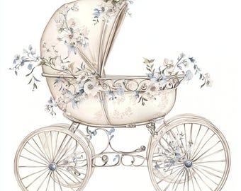 Floral Pram, Vintage Buggy, Baby Carriage, Girl Nursery Art, Antique Stroller, Shabby Chic Baby, Soft Pink Decor, Baby Shower