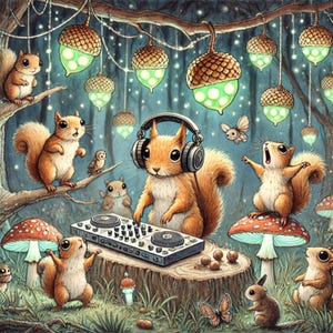 Nuts after Dark, délire d'écureuils, fête en forêt, animaux mignons, aquarelle, illustration rave, créatures fantaisistes, divertissement nocturne, images JPG