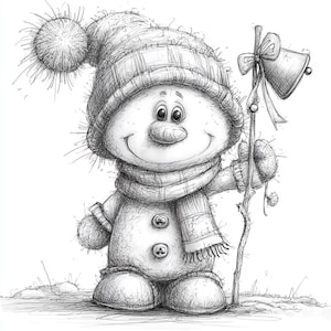 May include: A whimsical black and white illustration of a snowman wearing a plaid hat, scarf, and mittens. The snowman has a carrot nose and button eyes, and is holding a staff with a bell and bow. The snowman is smiling.