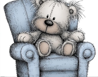 Cute Teddy Bear Clipart, Cozy Armchair PNG, Hand-Drawn Plush Bear Art, Soft Blue Chair Illustration, Whimsical Nursery Design