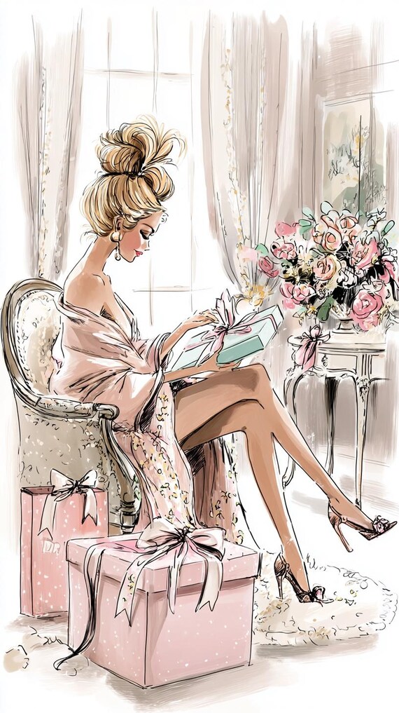 パリのファッションイラスト｜花を持つエレガントな女性（デジタル
