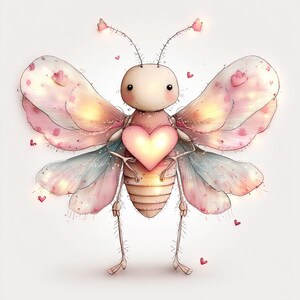 May include: A charming cartoon insect illustration with a heart-shaped body and wings. The insect is mainly pink and beige, with intricate details and small hearts scattered around. The wings feature a gradient effect, shifting from pink to blue.