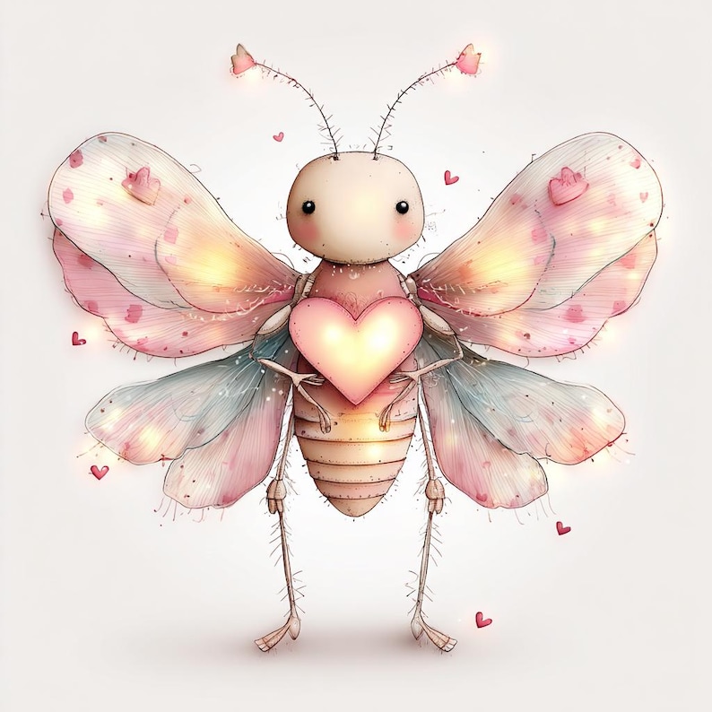May include: A charming cartoon insect illustration with a heart-shaped body and wings. The insect is mainly pink and beige, with intricate details and small hearts scattered around. The wings feature a gradient effect, shifting from pink to blue.
