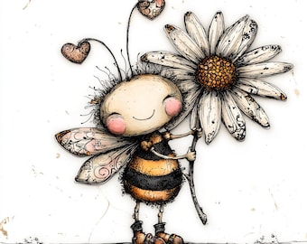 Whimsical Bee With Daisy, Hand-Drawn Ink Style, Floral Bee Art, Doodle Bee Illustration, Sweet Spring Sketch Design