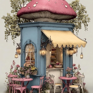 May include: An illustration of a whimsical mushroom-shaped cafe with a pink cap and blue walls. The cafe has a yellow awning, outdoor seating with pink tables and chairs, and is surrounded by flowers and greenery. Lanterns hang from the structure.