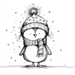 May include: A black and white illustration of a penguin wearing a winter hat with heart patterns and a scarf. The penguin is standing in the snow, with snowflakes falling around it. The hat has a pom-pom on top.