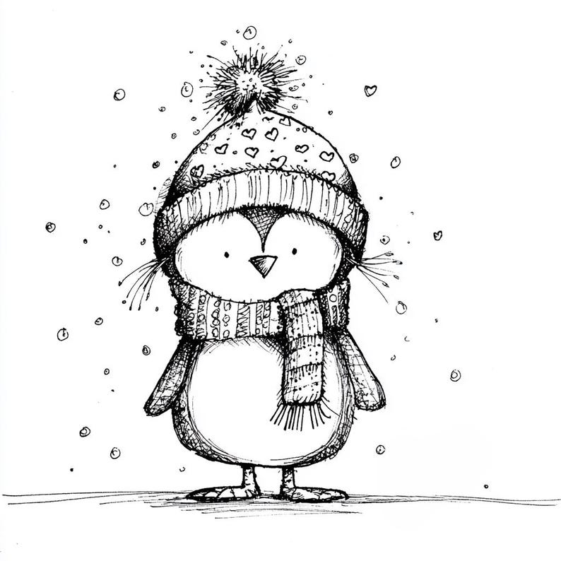 May include: A black and white illustration of a penguin wearing a winter hat with heart patterns and a scarf. The penguin is standing in the snow, with snowflakes falling around it. The hat has a pom-pom on top.