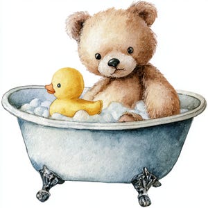 May include: Watercolor illustration of a teddy bear and a yellow rubber duck in a blue bathtub filled with bubbles. The teddy bear is light brown with a black nose and eyes. The bathtub has ornate feet.