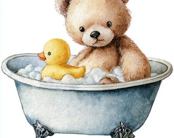 Bathtime Teddy, Baby Bathtub Art, Teddy and Duck, Cute Bath Clipart, Watercolor Teddy, Bubble Bear Bath, Baby Animal Wash, Bear in Tub