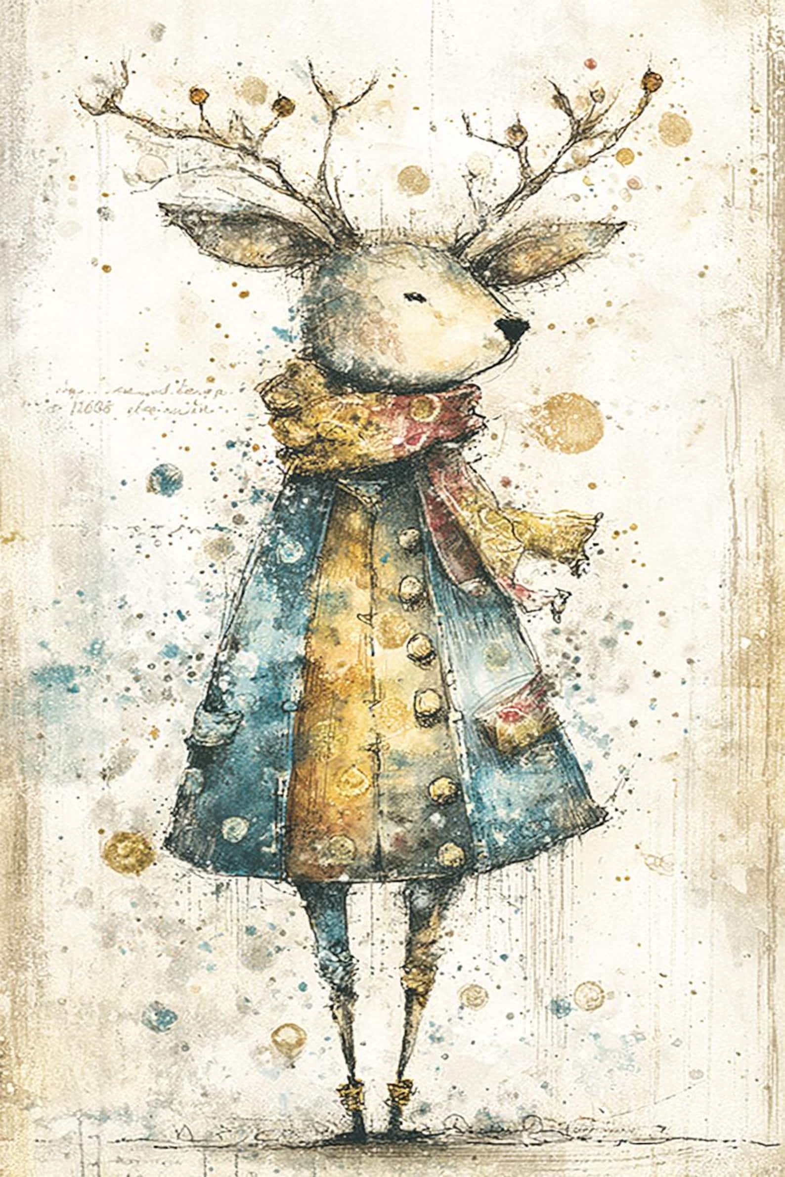 Whimsical Deer Illustration in Blue Coat and Scarf, Vintage Woodland ...