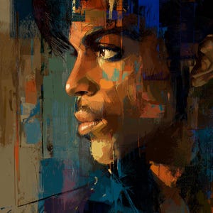 May include: An abstract portrait in shades of brown, orange, and blue. The artwork depicts a person in profile, with a focus on the face and upper body. The style is reminiscent of a painting with visible brushstrokes and a textured appearance.