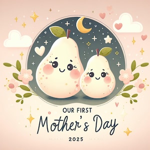 Pear-fect Love, arte carina di pere, festa della mamma 2025, design di frutta kawaii, prima festa della mamma, pere mamma e bambino, clipart di famiglia di pere, immagini JPG