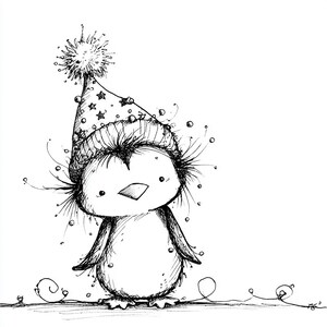 May include: A whimsical black and white illustration of a penguin wearing a party hat with star patterns. The penguin has a fluffy head and is surrounded by decorative swirls and dots, giving it a playful appearance. The image is a line drawing.