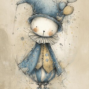 Puede incluir: Ilustración caprichosa de una figura de muñeca con un atuendo azul con sombrero a juego y cuello con volantes. La figura tiene mejillas rosadas y sostiene globos. La obra de arte tiene un estilo de acuarela con líneas esbozadas y un fondo neutro.