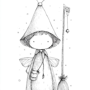 May include: Whimsical black and white illustration of a fairy-like figure with a large hat and wings, carrying a small bag. A broom and a small acorn are also depicted. The artwork has a hand-drawn, storybook style.