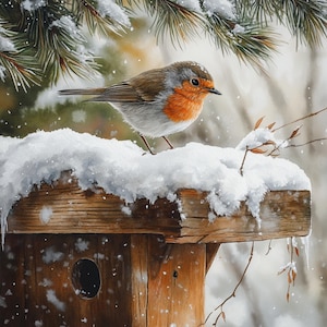 Rouge-gorge d'hiver, cabane à oiseaux neige, art rouge-gorge, art oiseau enneigé, aquarelle nature, oiseau de vacances, art scène d'hiver, clipart cabane d'oiseaux, jpg