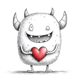 Puede incluir: Ilustración de un monstruo peludo y sonriente sosteniendo un corazón rojo. El monstruo blanco tiene dos cuernos y una gran boca. El dibujo, de estilo hecho a mano, es ideal para productos infantiles o para San Valentín.
