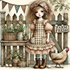 Juste une fille et ses poules, oeuvre d'art pour fille de ferme, décoration rustique pour enfants, impression de chalet de campagne, scène de ferme vintage, pépinière shabby chic, JPG