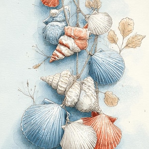 Könnte beinhalten: Aquarellillustration von Muscheln in verschiedenen Farben, darunter Rot, Weiß und Blau, die mit Schnur zusammengebunden sind. Die Muscheln sind mit komplizierten Mustern und Texturen versehen und werden durch zarte Zweige und Blätter akzentuiert.