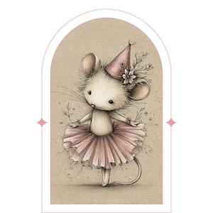 Puede incluir: Ilustración de una ratona bailarina con tutú rosa y gorro de fiesta. La ratona tiene cuerpo blanco, orejas grandes y bigotes. El fondo es beige y la imagen está enmarcada con un borde rosa.