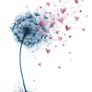 May include: Watercolour painting of a dandelion with a blue seed head and stem. Pink hearts float away from the dandelion against a white background. The painting has a soft, dreamy quality.