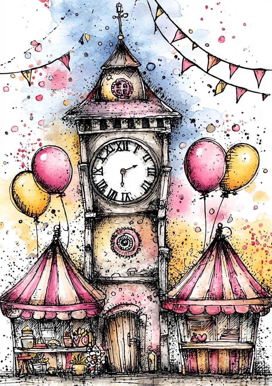 Clock Tower Art, Carnival Scene, Fair Tents, Festive Balloons, Vintage ...