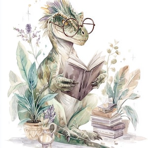 Dino Tales, lesender Dinosaurier, niedliche Dino Kunst, Buchliebhaber Druck, Dino mit Buch, wunderliches Reptil, nerdige Dinosaurier, Leseratte, PNGs