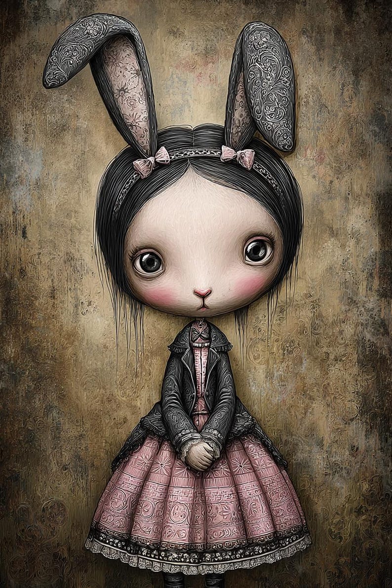 Gothic Rabbit Girl, Dark Bunny PNG Set, Vintage Pink Dress Art ...