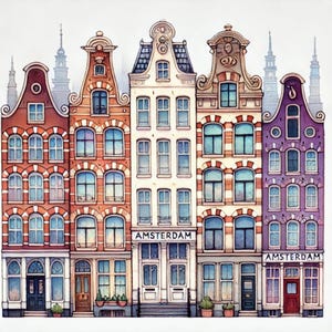 Imágenes prediseñadas de Ámsterdam, acuarela holandesa, impresión artística de Holanda, estética de viaje, arte caprichoso, decoración europea, imágenes JPG